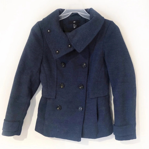 H&M Navy Blue Pea Coat Size 2 Small Blue Button Down Nautical Marine Preppy - Picture 11 of 11